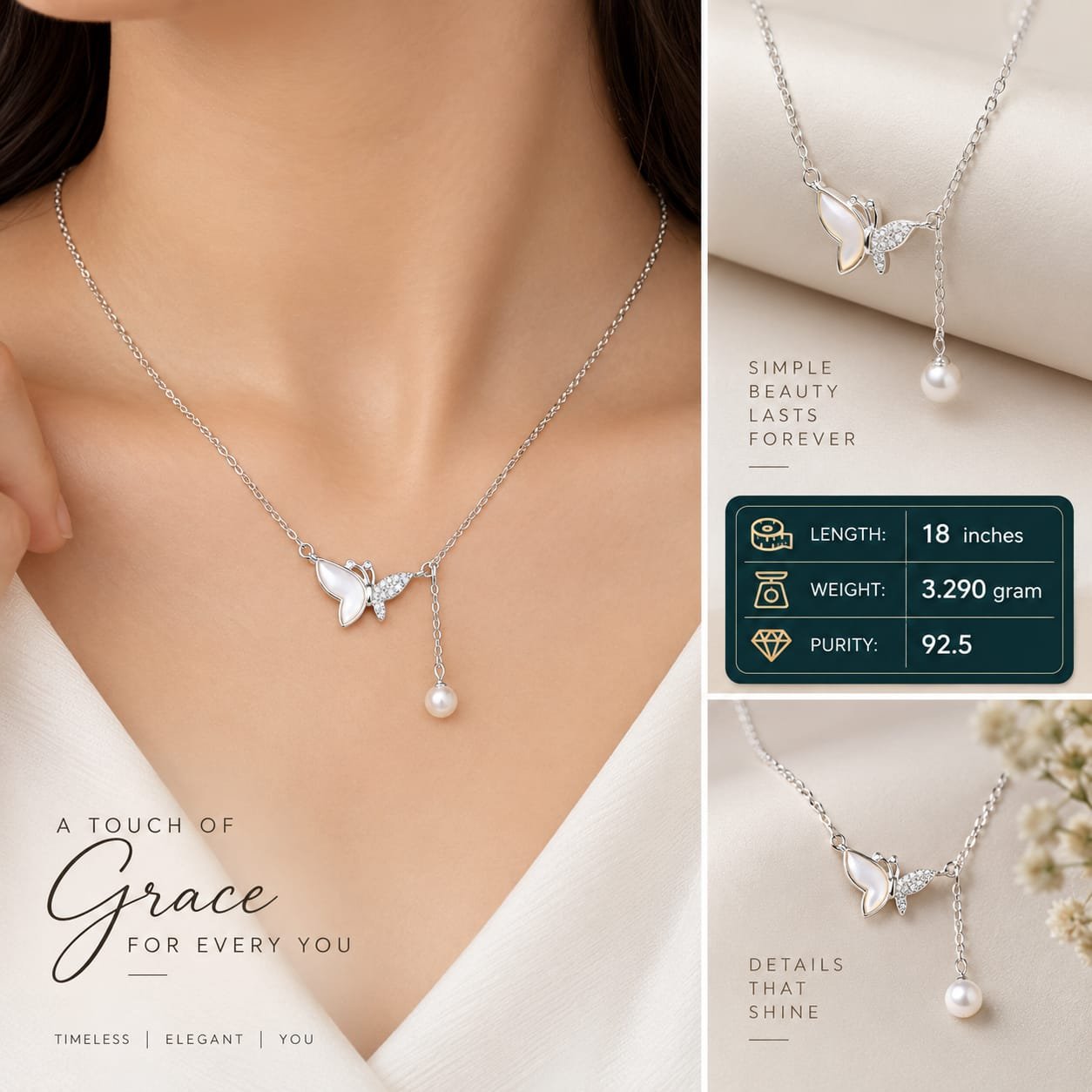 Ladies Silver Butterfly Pearl Drop Chain