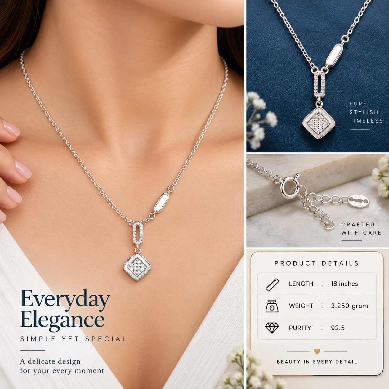 Ladies Square Charm Silver Chain
