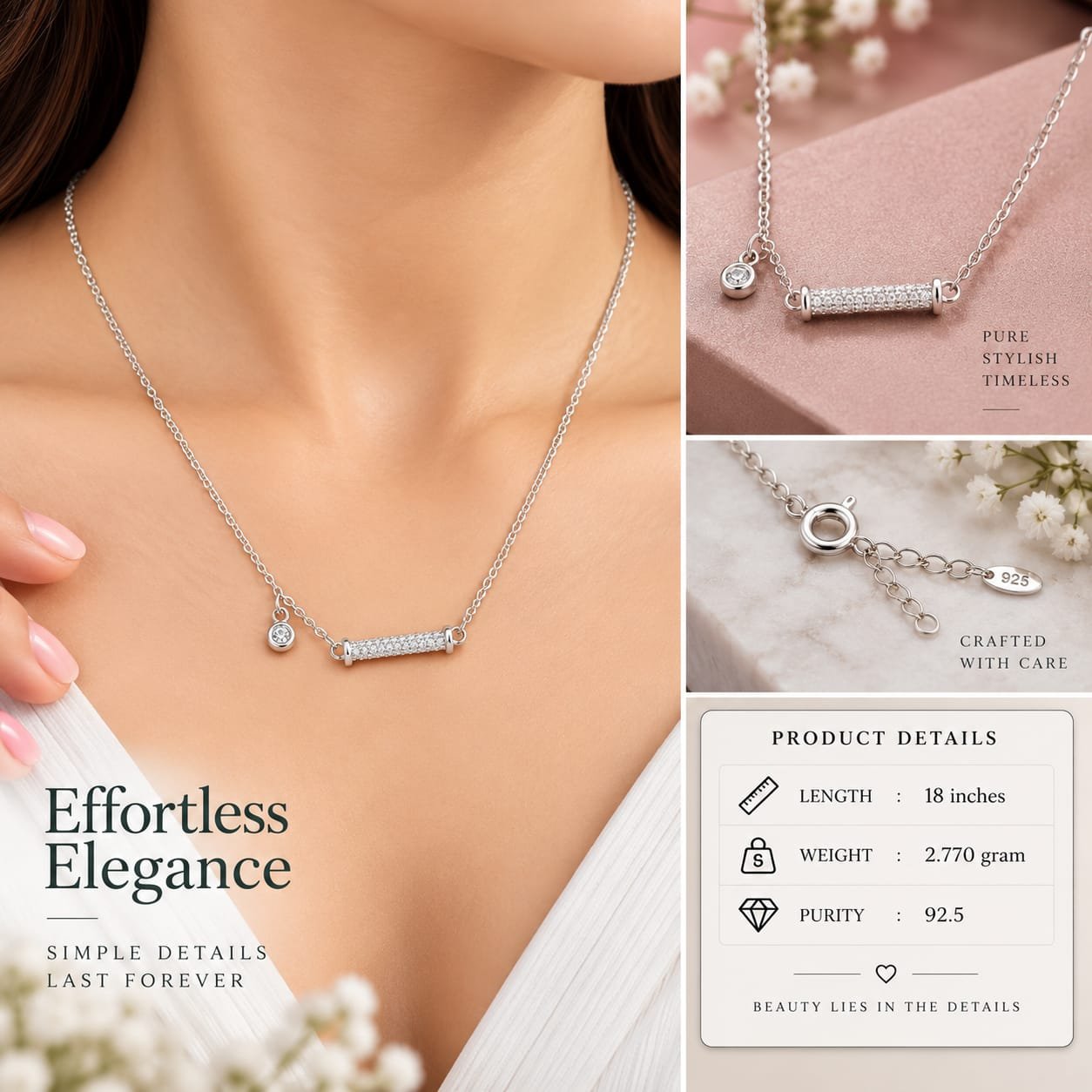 Ladies CZ Bar Silver Chain