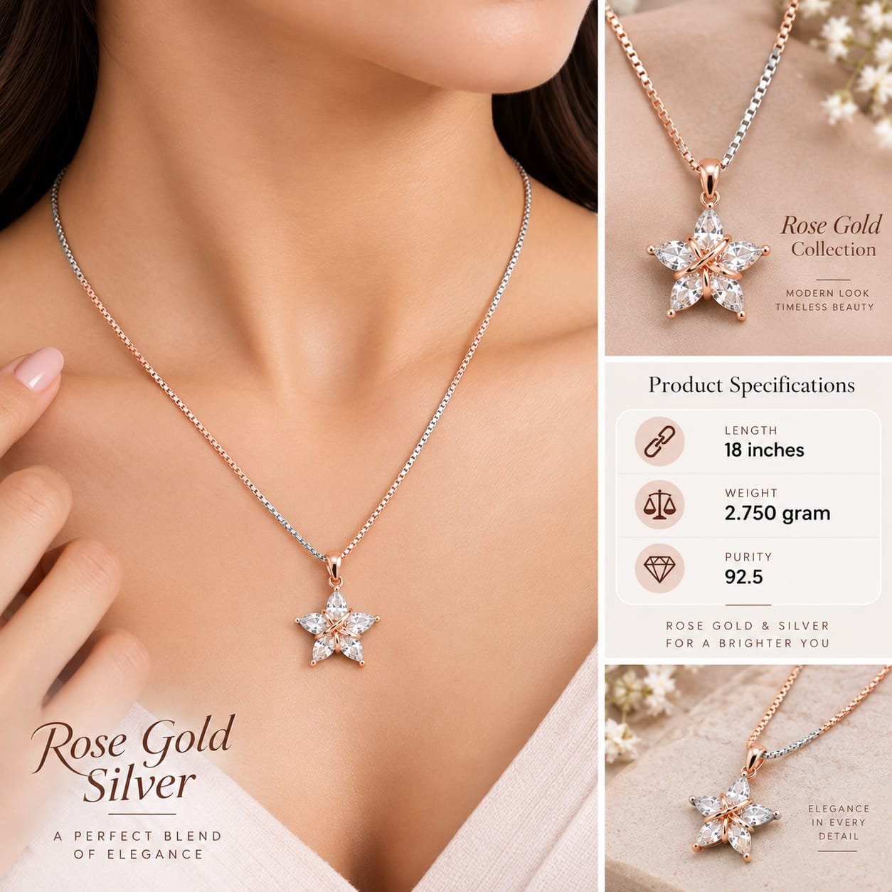 Ladies Rose Gold Star Silver Chain