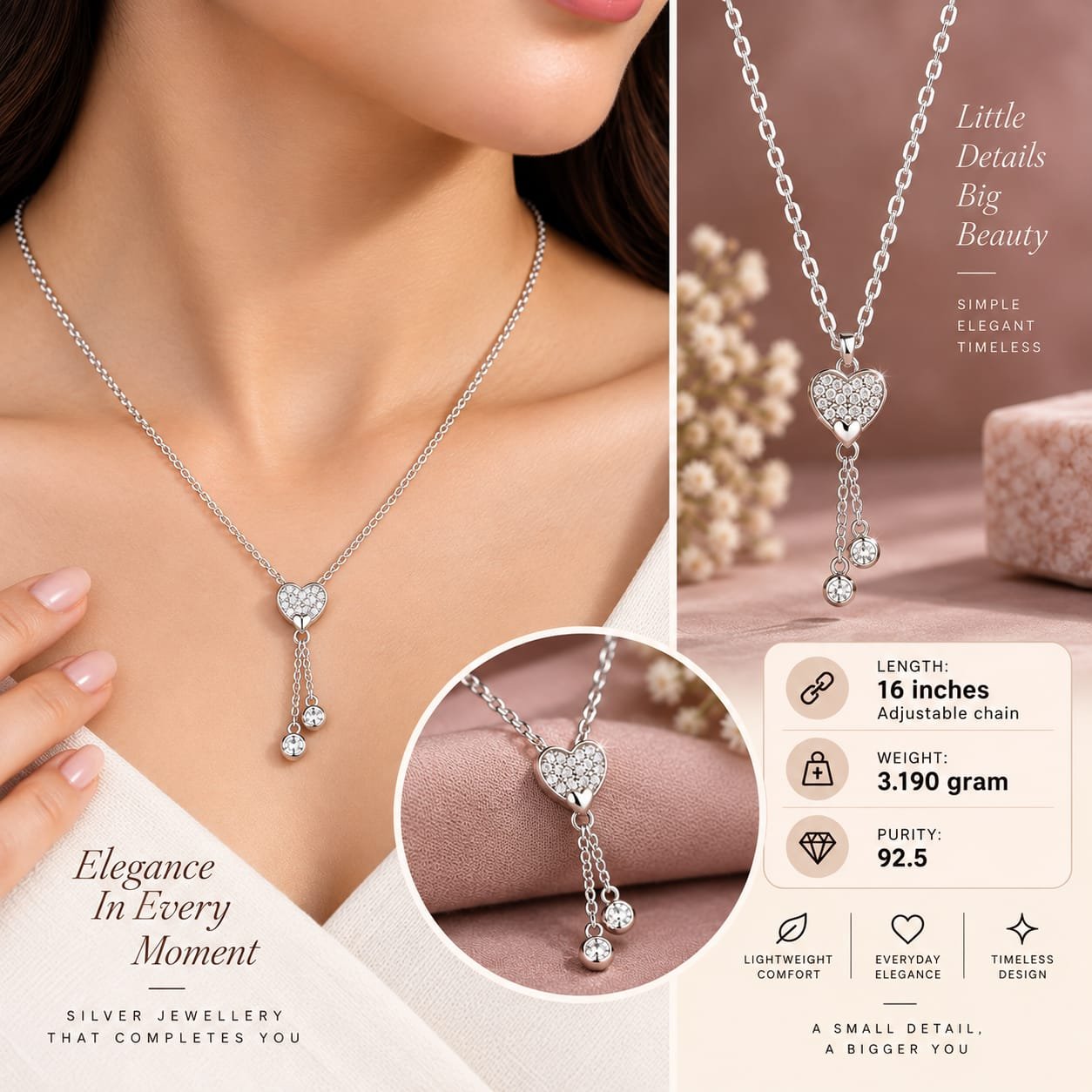 Ladies Heart Drop Silver Chain