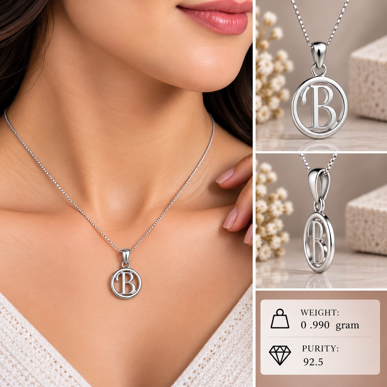 Ladies Silver Alphabet B Pendant
