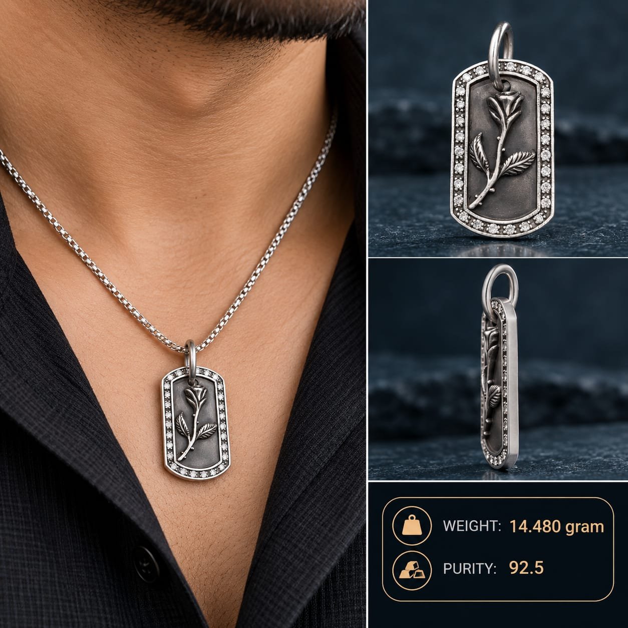 Rose Dog Tag Silver Pendant