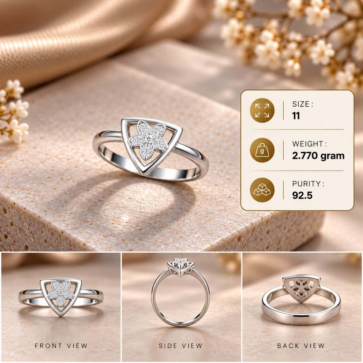 Ladies Floral Triangle 925 Silver Ring