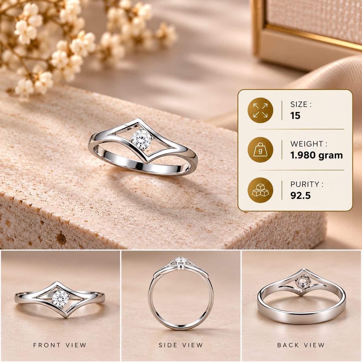 Ladies Kite Frame Solitaire 925 Silver Ring