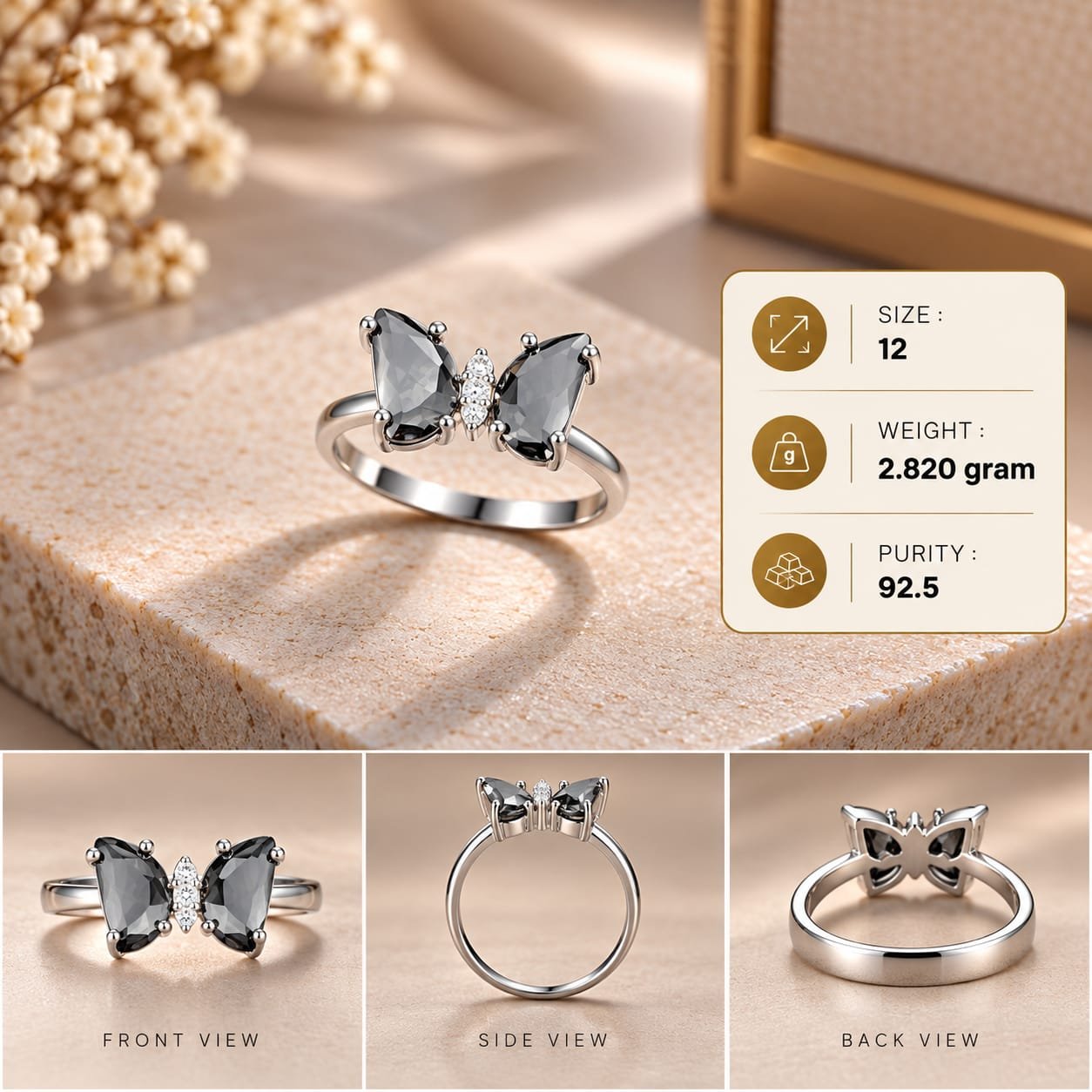 Ladies Black Stone Bow 925 Silver Ring