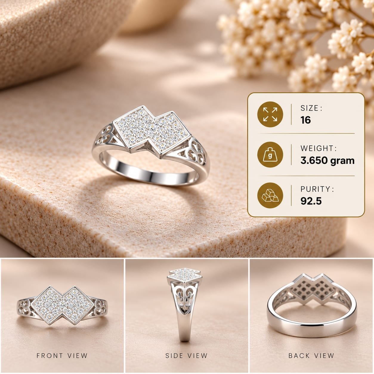 Ladies Double Diamond Pave 925 Silver Ring
