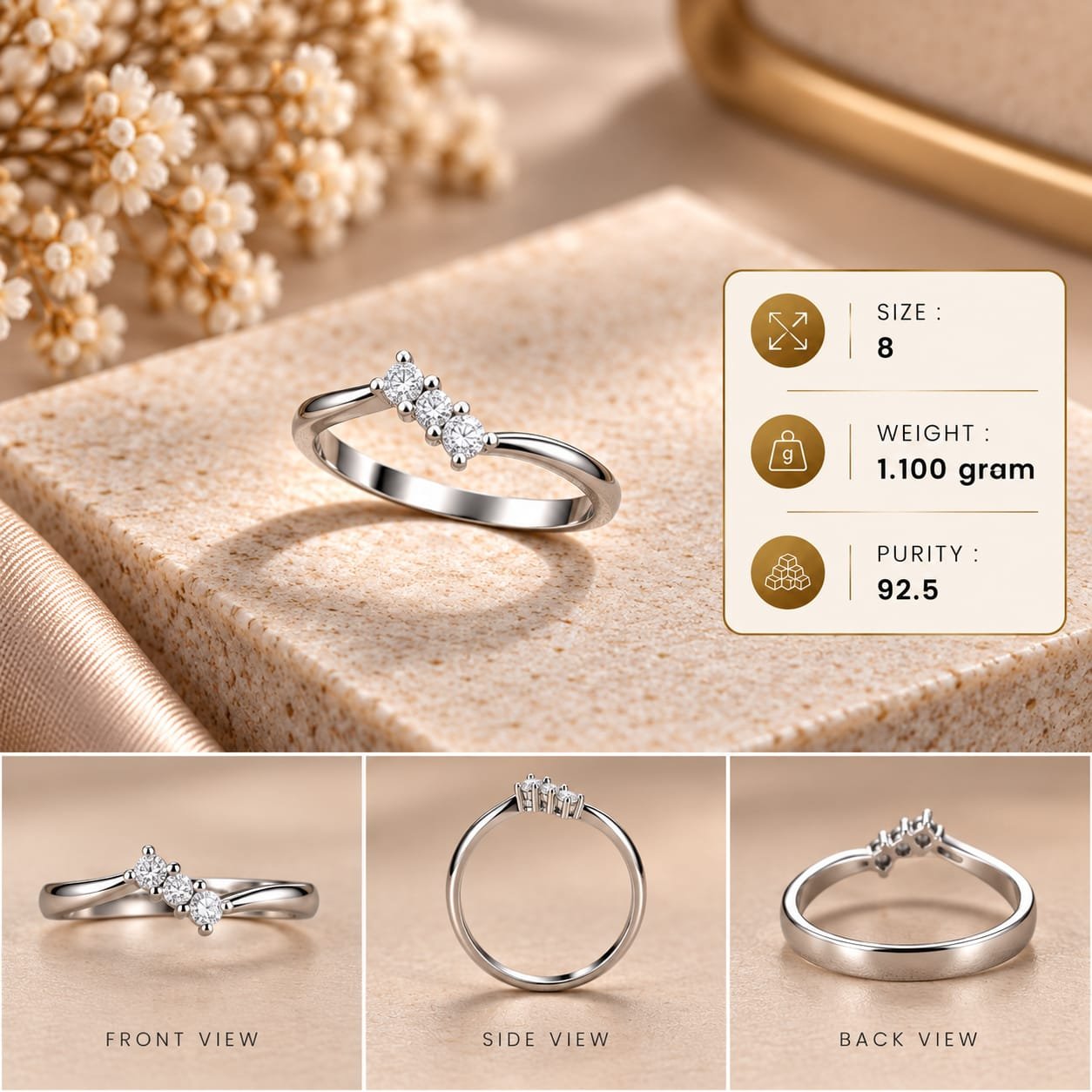 Ladies Three Stone Diagonal 925 Silver Ring