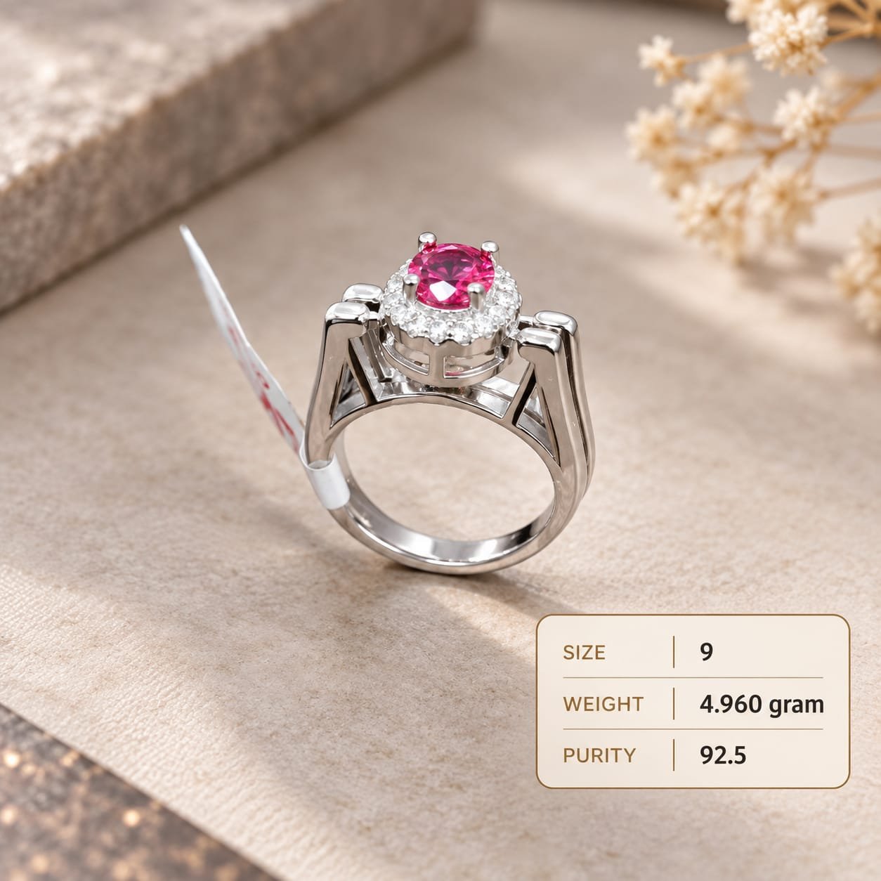 Ladies Pink Stone Halo 925 Silver Ring