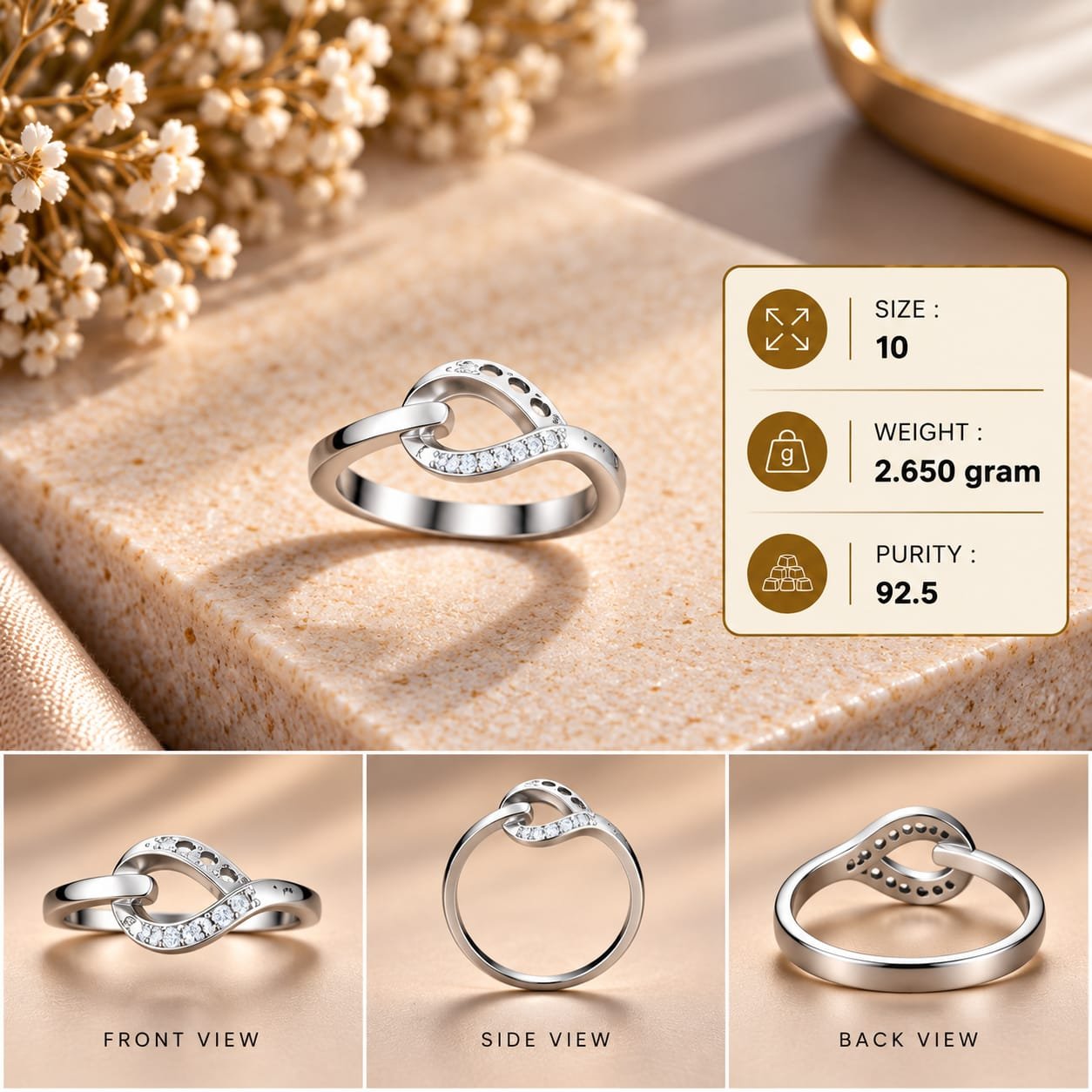 Ladies Interlocking Wave 925 Silver Ring