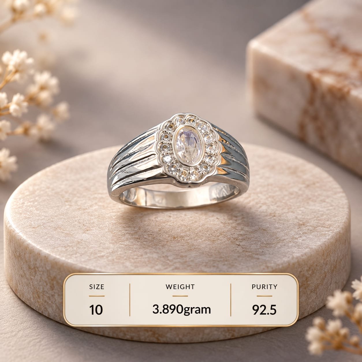 Ladies Oval Flower Halo 925 Silver Ring