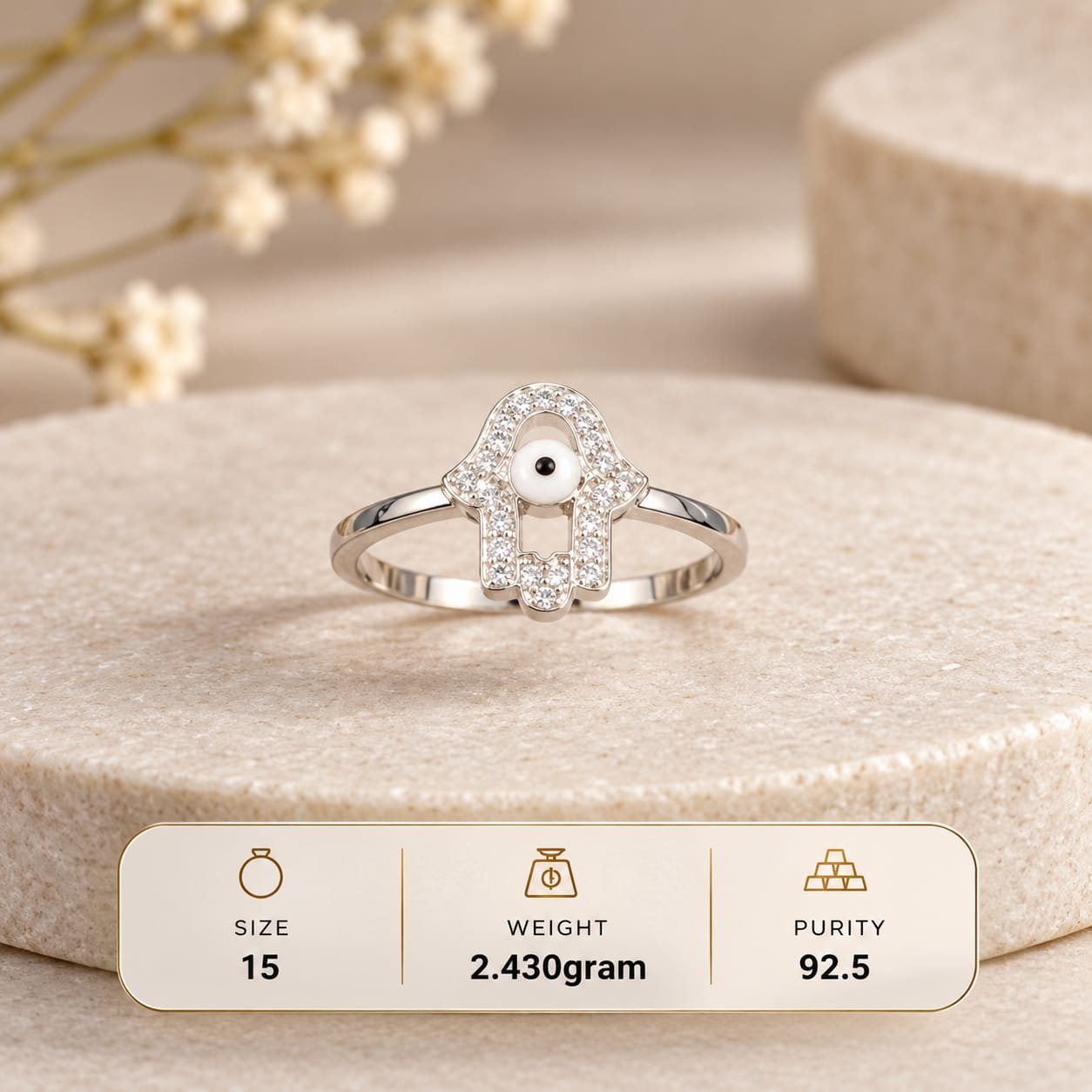 Ladies Hamsa Evil Eye 925 Silver Ring