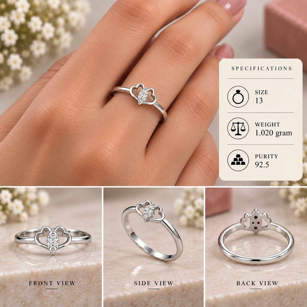 Ladies Double Open Heart 925 Silver Ring