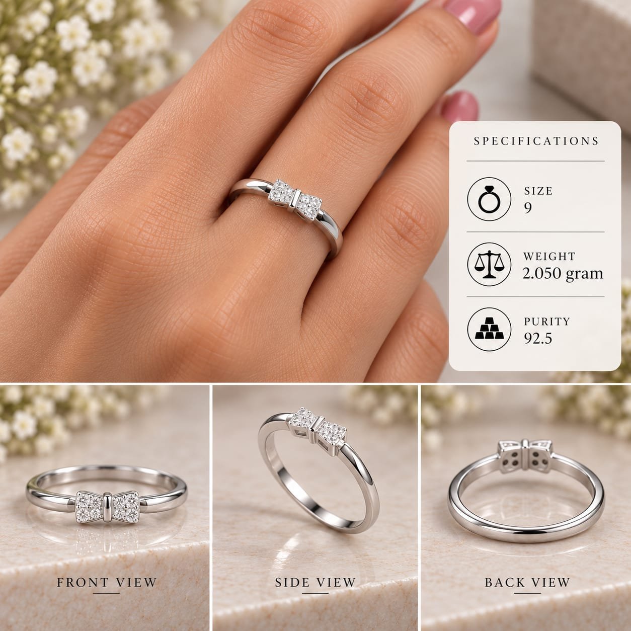 Ladies CZ Pave Bow 925 Silver Ring