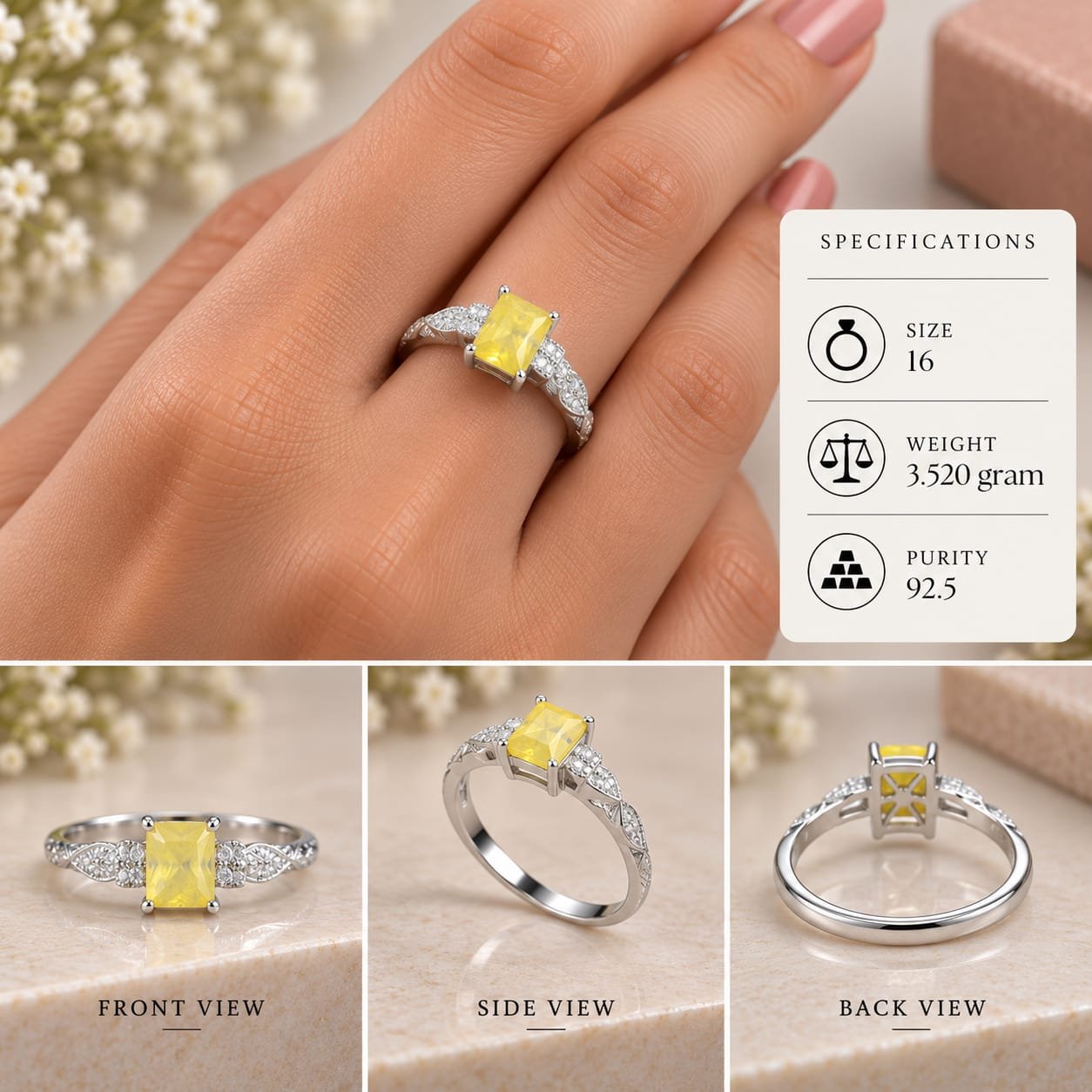 Ladies Yellow Stone Vintage 925 Silver Ring