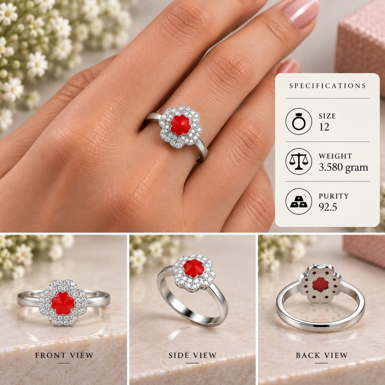 Ladies Red Flower Halo 925 Silver Ring