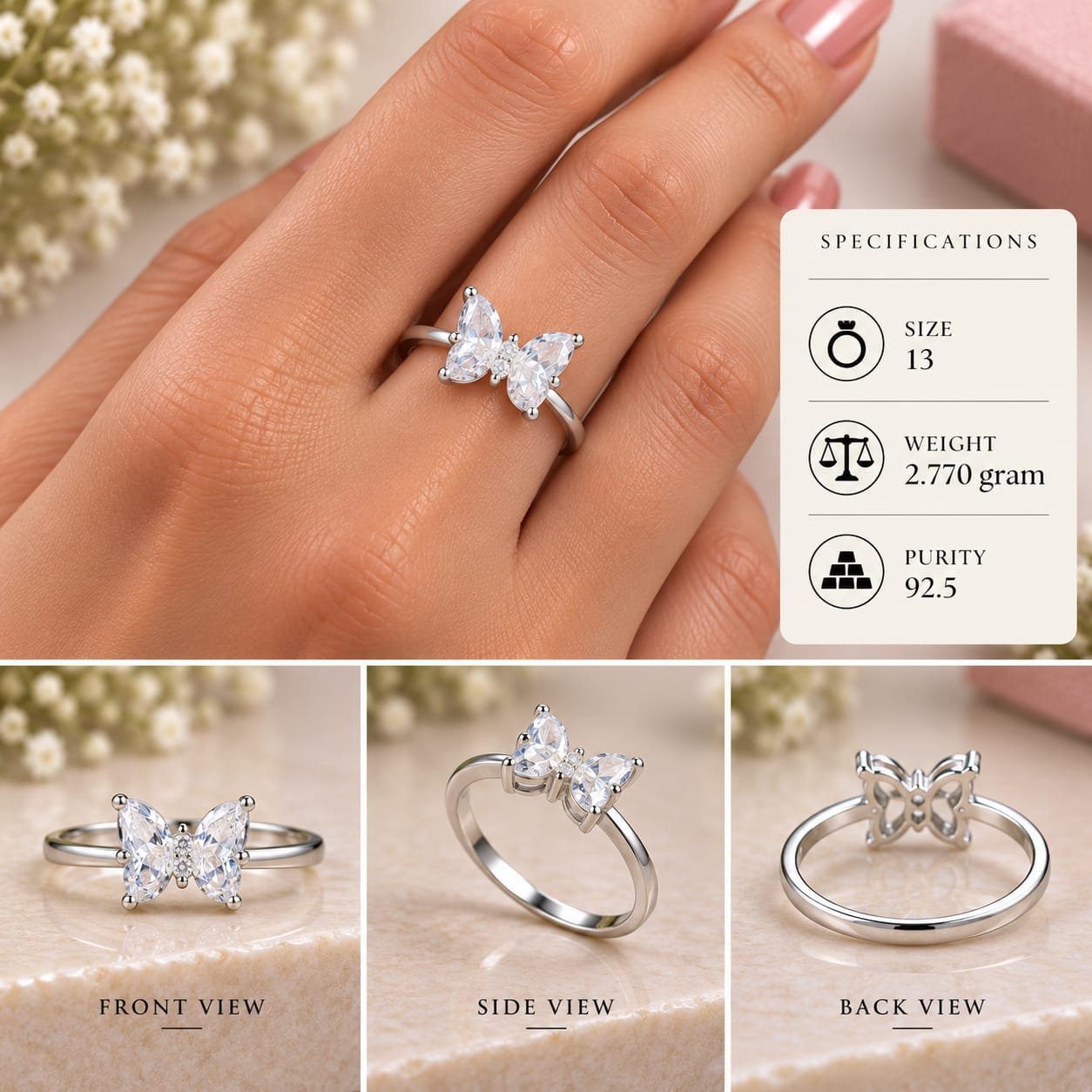 Ladies Clear Butterfly 925 Silver Ring