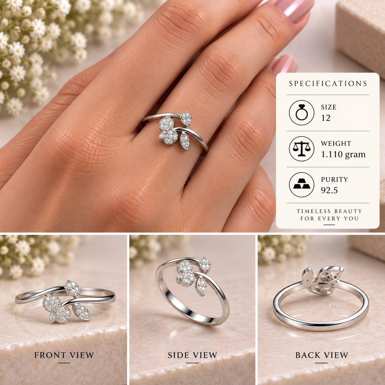 Ladies Leaf Vine Pave 925 Silver Ring