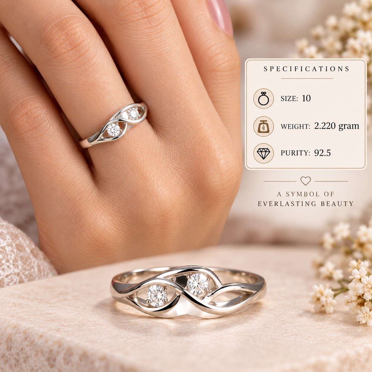 Ladies Twisted Weave Two Stone 925 Silver Ring