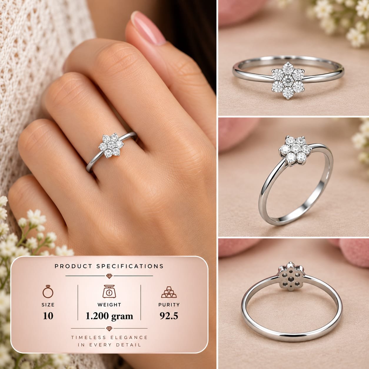 Ladies Flower Cluster 925 Silver Ring