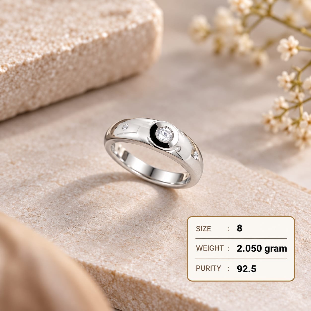 Ladies Black Enamel Crescent 925 Silver Ring