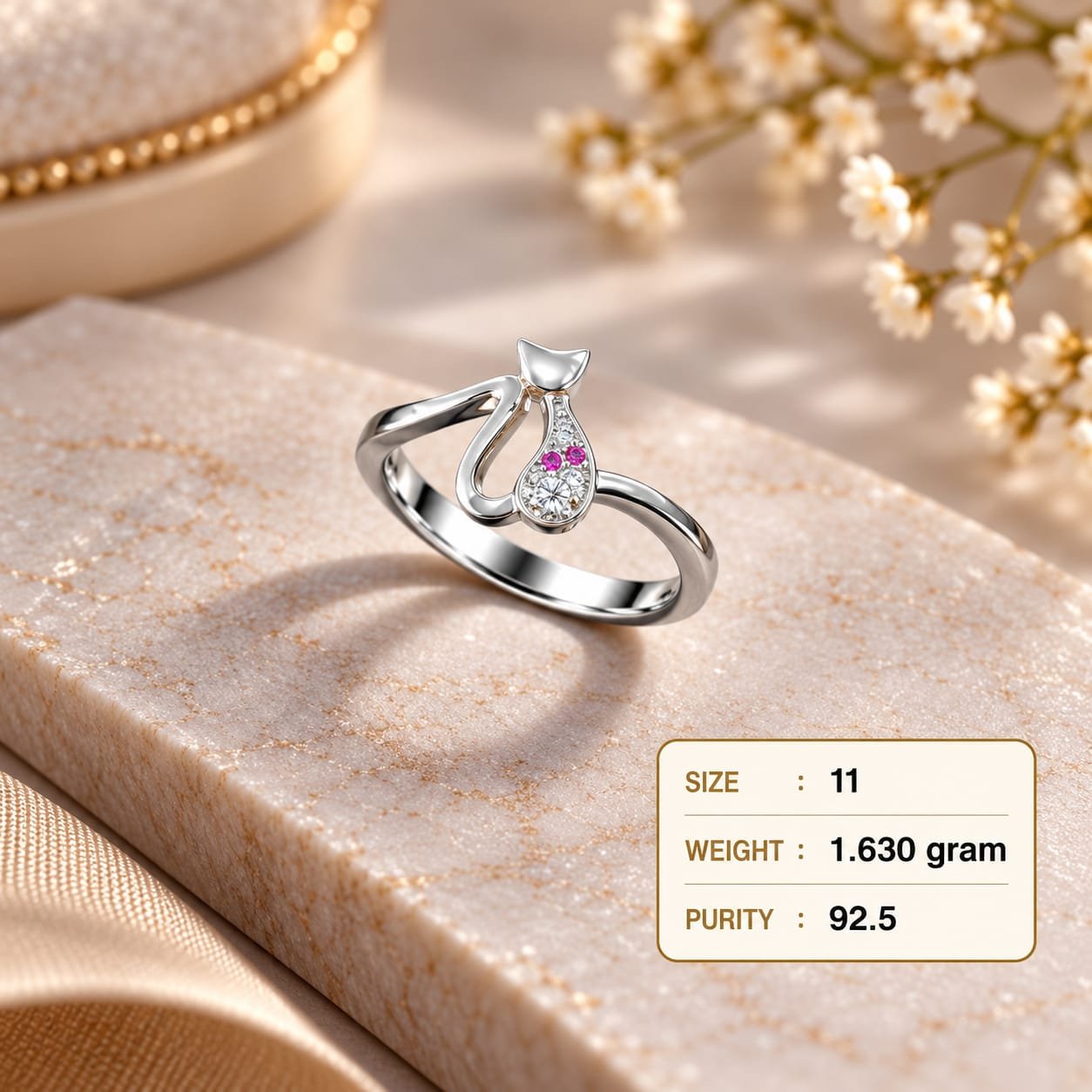 Ladies Cat Design 925 Silver Ring