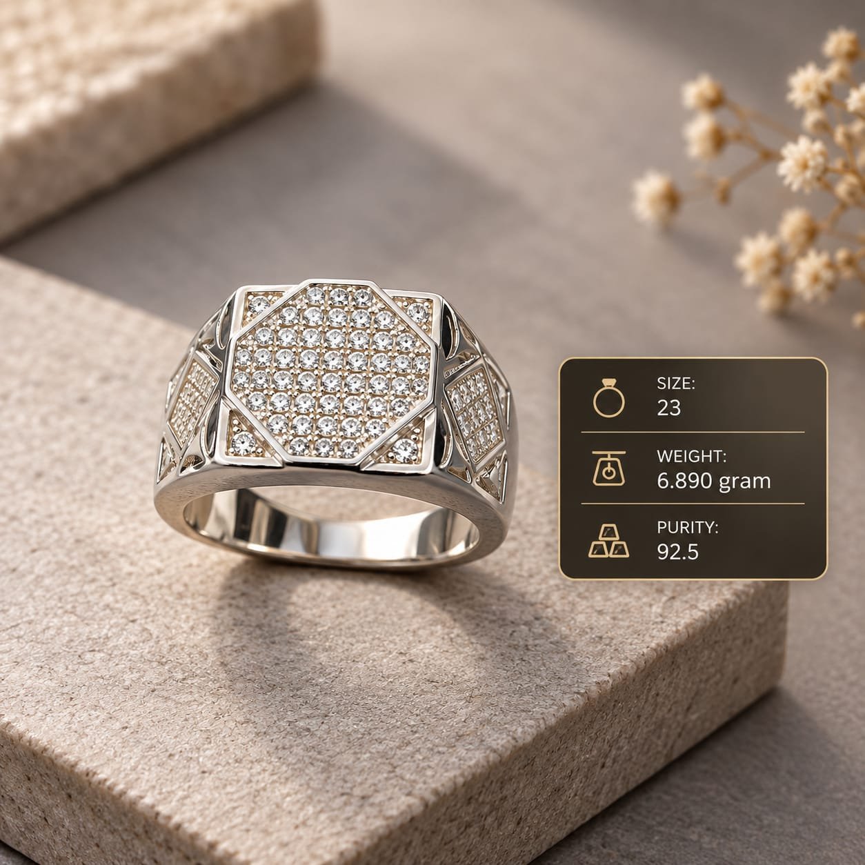 Men's Pave Hexagon 925 Silver Ring
