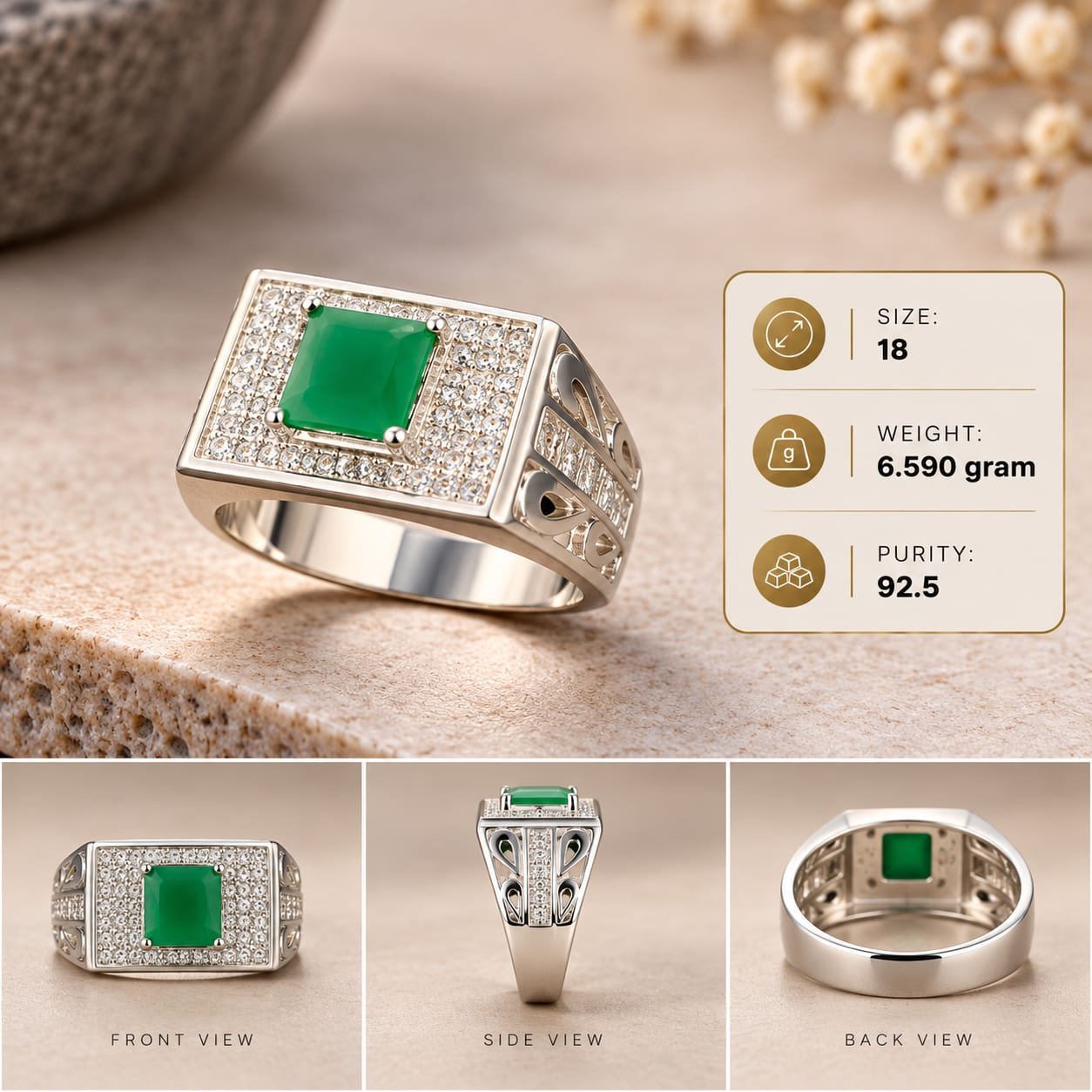 Men's Green Stone Halo 925 Silver Ring