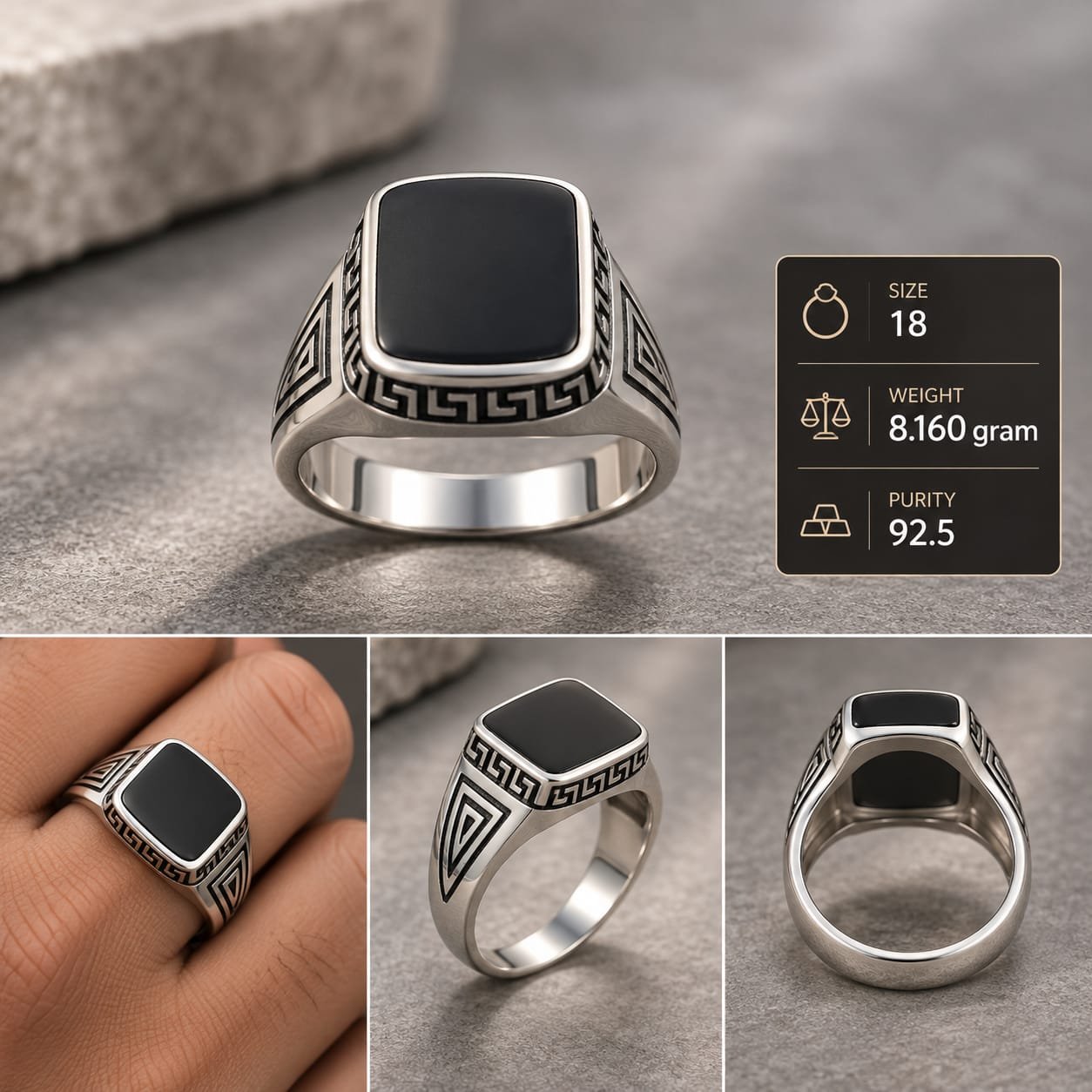 Men's Onyx Greek Key 925 Silver Ring